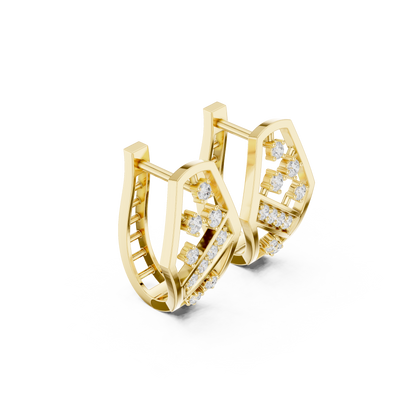 Yellow Gold Diamond Hexagonal Huggies | 0.32CTW Brilliant Cluster Openwork Hoop Earrings