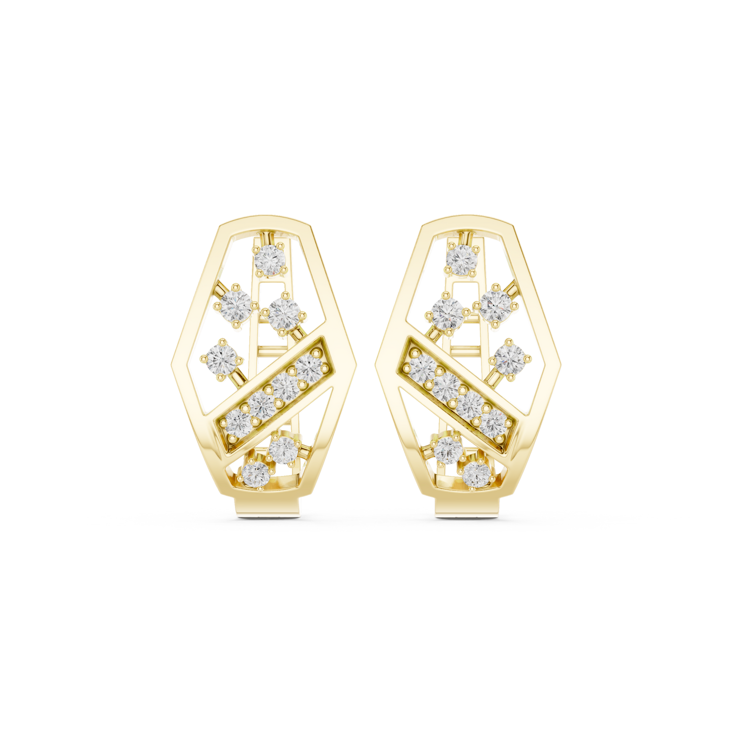 Yellow Gold Diamond Hexagonal Huggies | 0.32CTW Brilliant Cluster Openwork Hoop Earrings