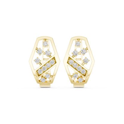 Yellow Gold Diamond Hexagonal Huggies | 0.32CTW Brilliant Cluster Openwork Hoop Earrings