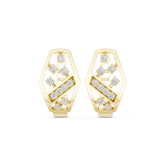 Yellow Gold Diamond Hexagonal Huggies | 0.32CTW Brilliant Cluster Openwork Hoop Earrings