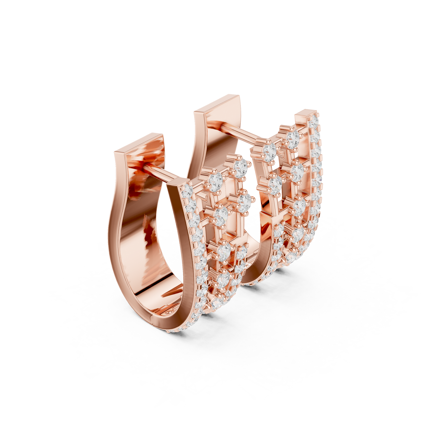 0.64CTW Round Diamond Geometric Hoop Earrings in Yellow Gold | Openwork Lattice Huggie
