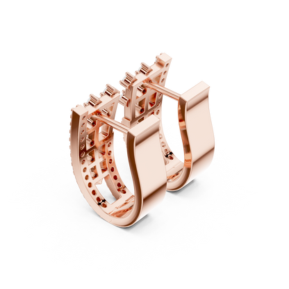 0.64CTW Round Diamond Geometric Hoop Earrings in Yellow Gold | Openwork Lattice Huggie