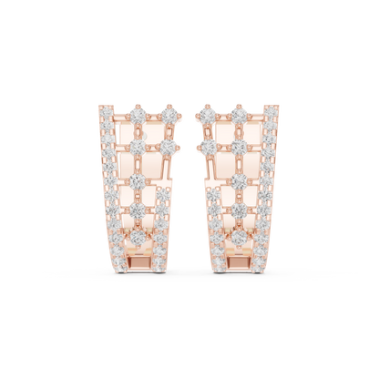 0.64CTW Round Diamond Geometric Hoop Earrings in Yellow Gold | Openwork Lattice Huggie