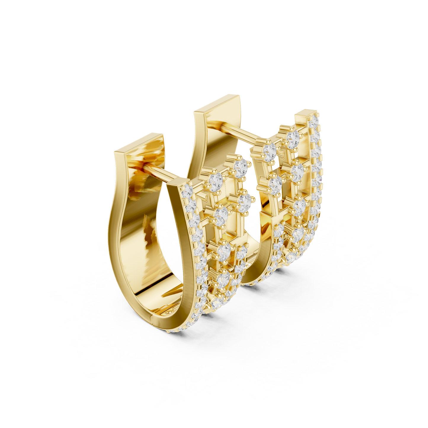0.64CTW Round Diamond Geometric Hoop Earrings in Yellow Gold | Openwork Lattice Huggie