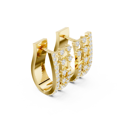 0.64CTW Round Diamond Geometric Hoop Earrings in Yellow Gold | Openwork Lattice Huggie