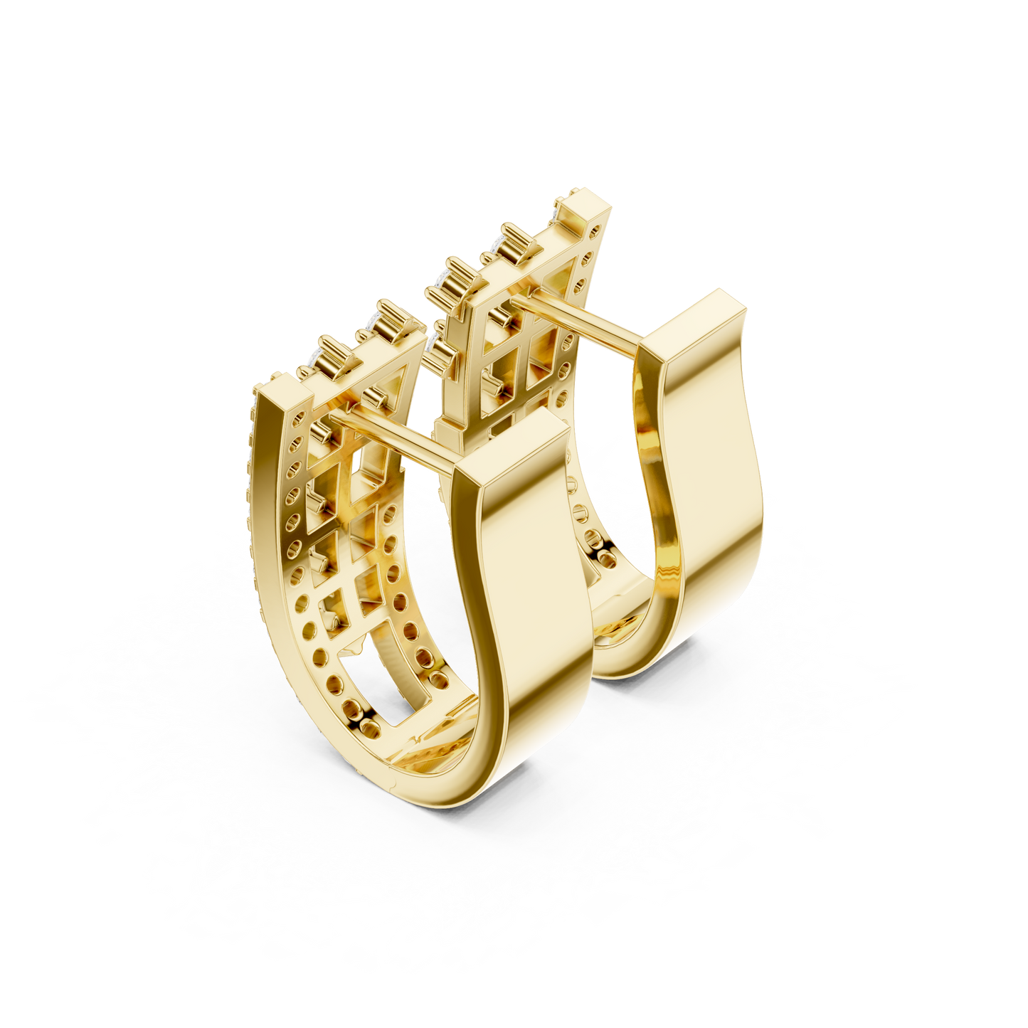 0.64CTW Round Diamond Geometric Hoop Earrings in Yellow Gold | Openwork Lattice Huggie