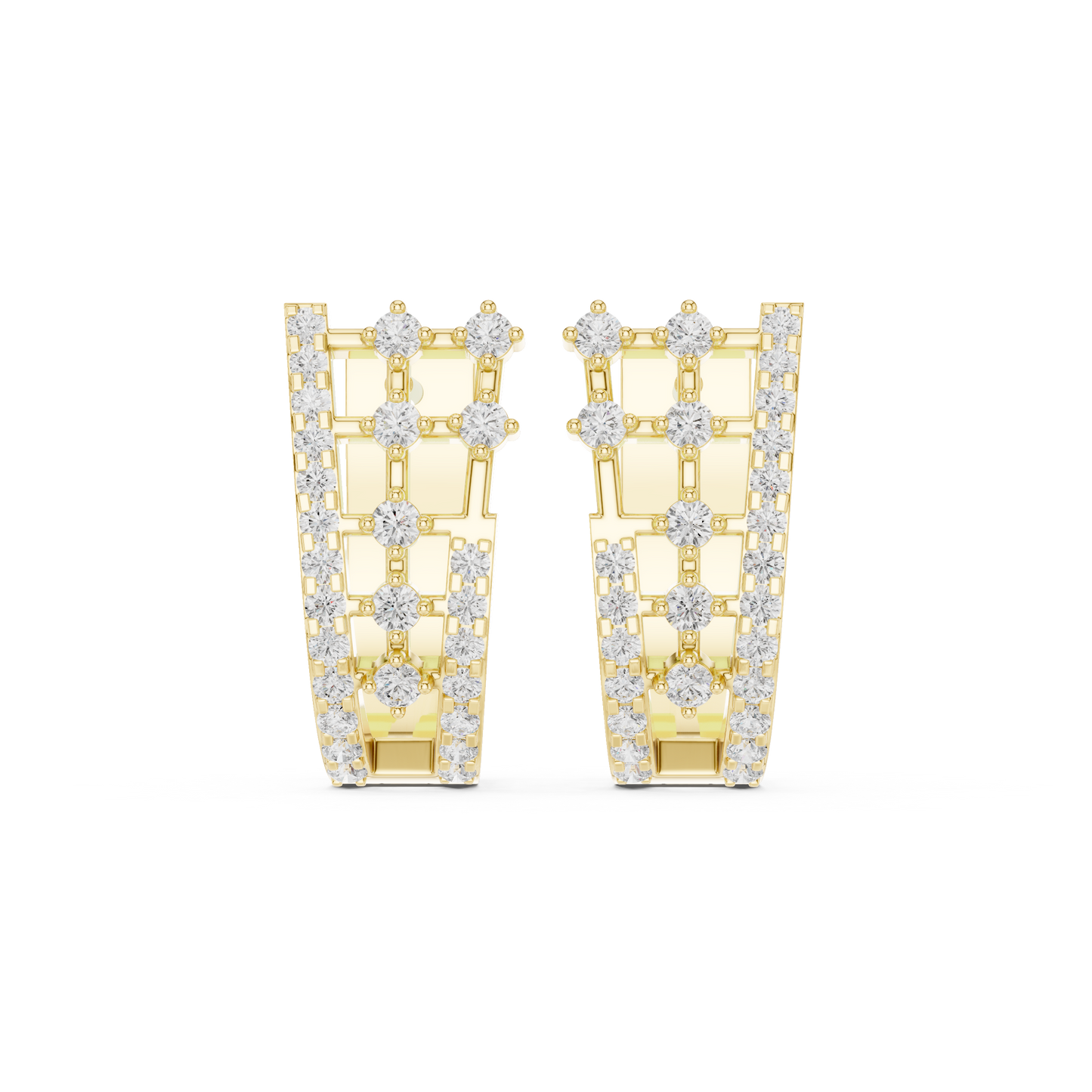 0.64CTW Round Diamond Geometric Hoop Earrings in Yellow Gold | Openwork Lattice Huggie