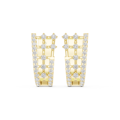 0.64CTW Round Diamond Geometric Hoop Earrings in Yellow Gold | Openwork Lattice Huggie