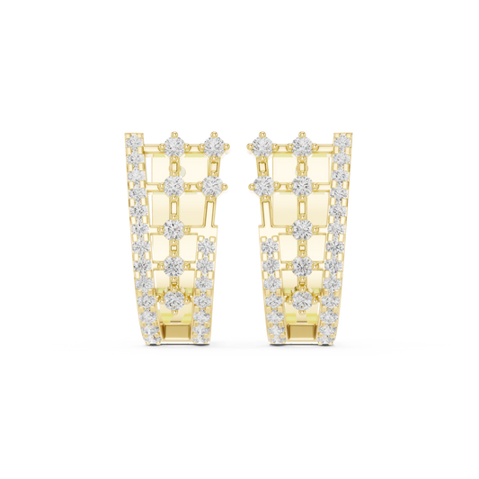0.64CTW Round Diamond Geometric Hoop Earrings in Yellow Gold | Openwork Lattice Huggie