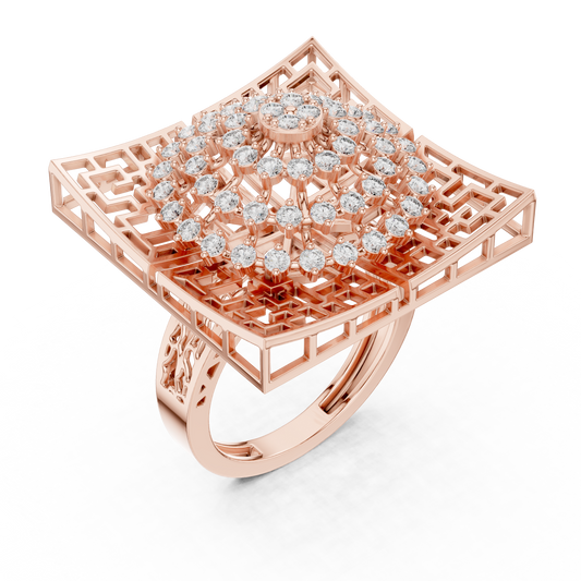 0.81 Carat Yellow Gold Diamond Dome Statement Ring | Square Cocktail Ring