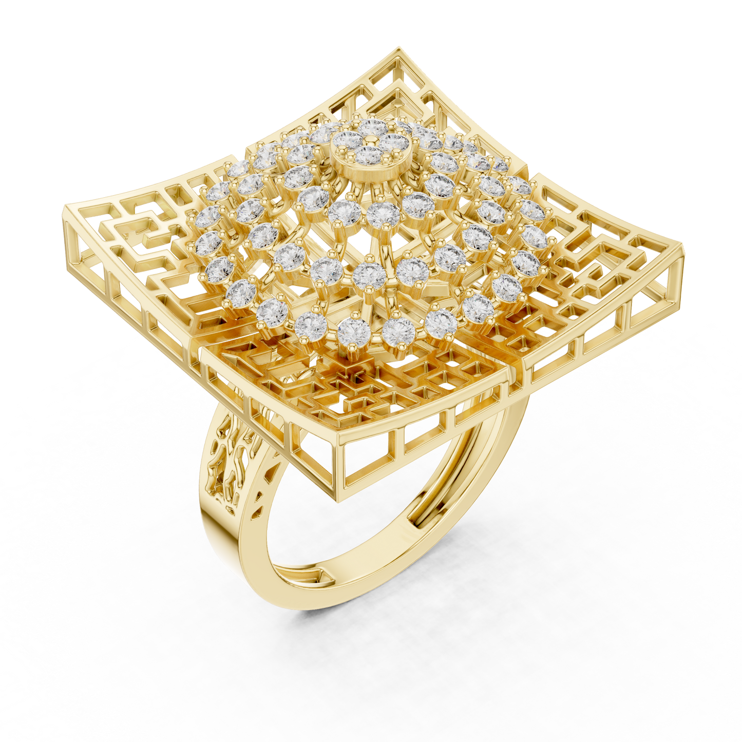 0.81ctw Yellow Gold Diamond Dome Statement Ring | Square Cocktail Ring
