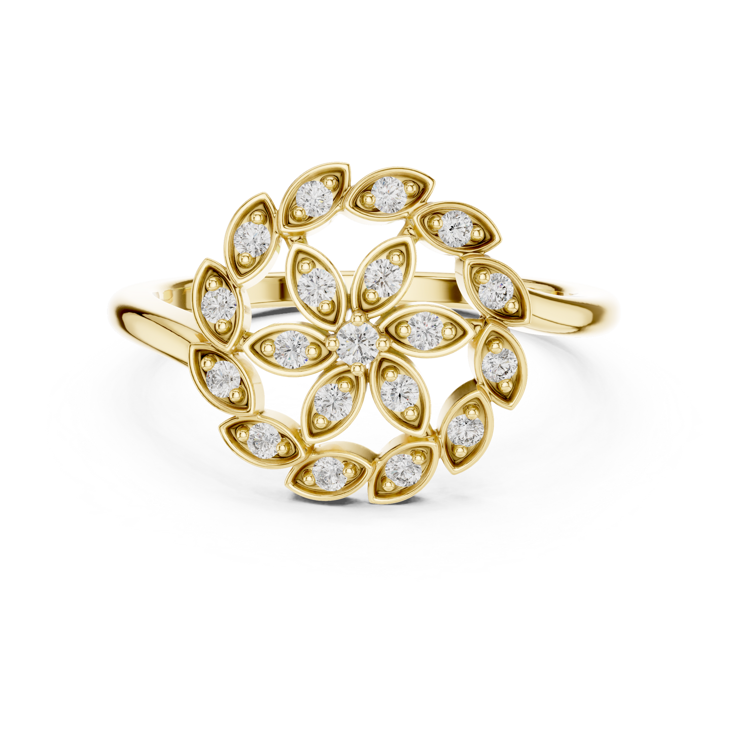 0.20ctw Gold Diamond Floral Swirl Ring | Marquise Flower Cluster Statement Ring