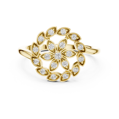 0.20ctw Gold Diamond Floral Swirl Ring | Marquise Flower Cluster Statement Ring