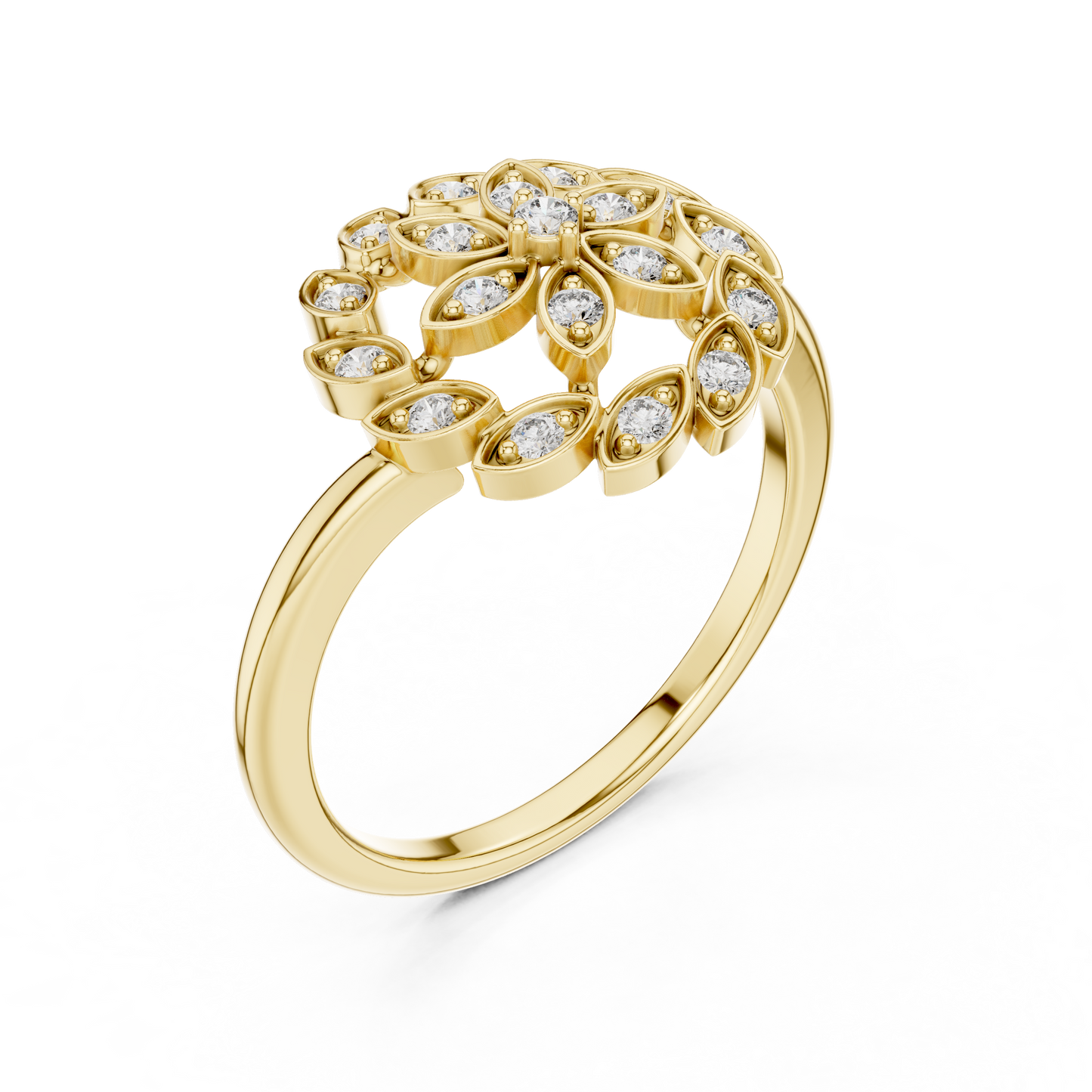 0.20ctw Gold Diamond Floral Swirl Ring | Marquise Flower Cluster Statement Ring