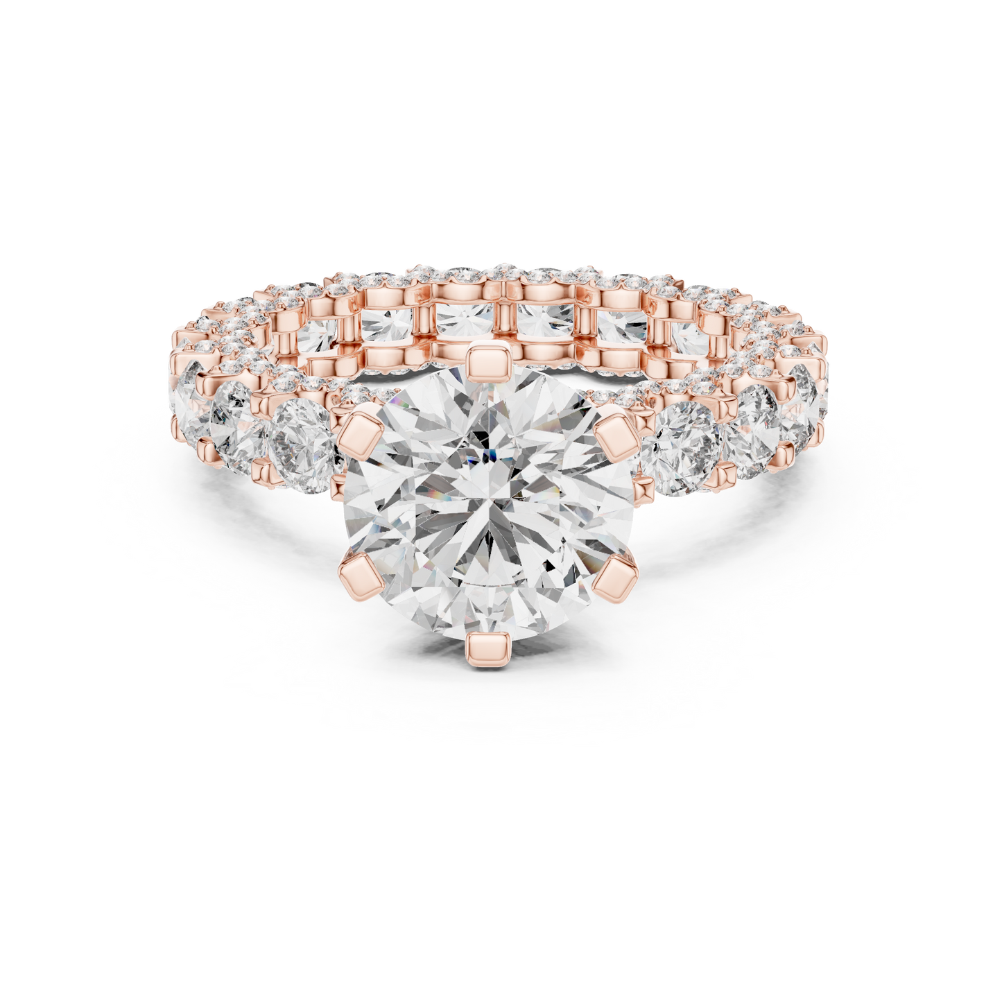 4.98ctw Round Diamond 6-Prong Ring Three-Sided Pavé Band - Solid Gold