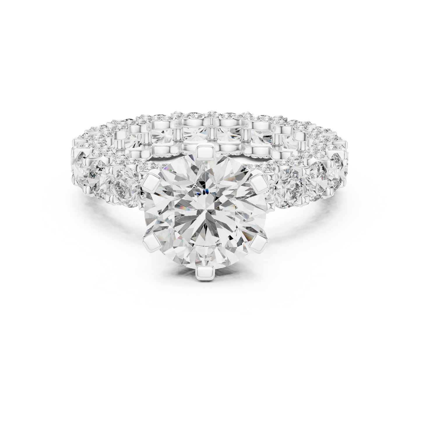 4.98ctw Round Diamond 6-Prong Ring Three-Sided Pavé Band - Solid Gold