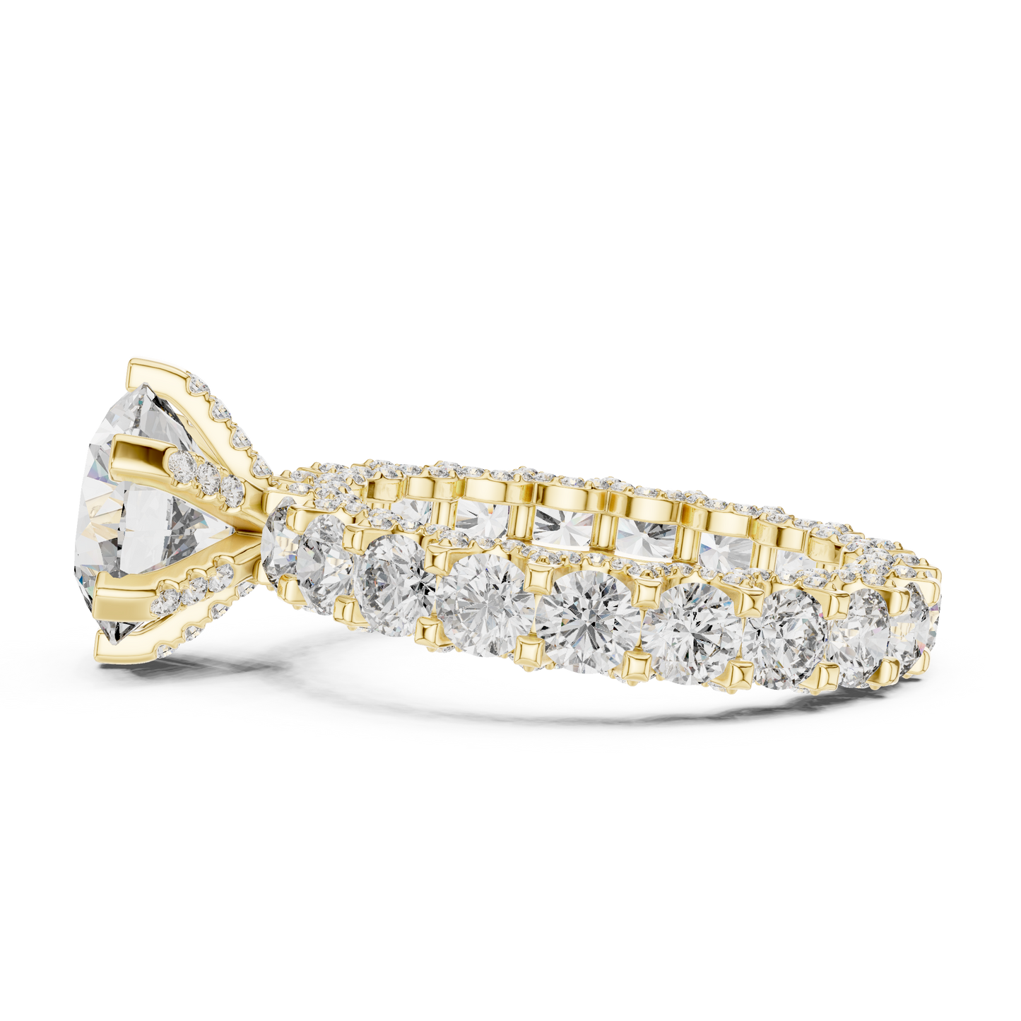 4.98ctw Round Diamond 6-Prong Ring Three-Sided Pavé Band - Solid Gold