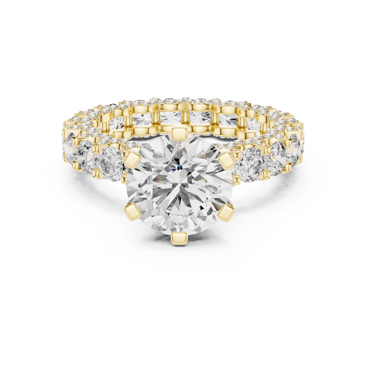 4.98ctw Round Diamond 6-Prong Ring Three-Sided Pavé Band - Solid Gold