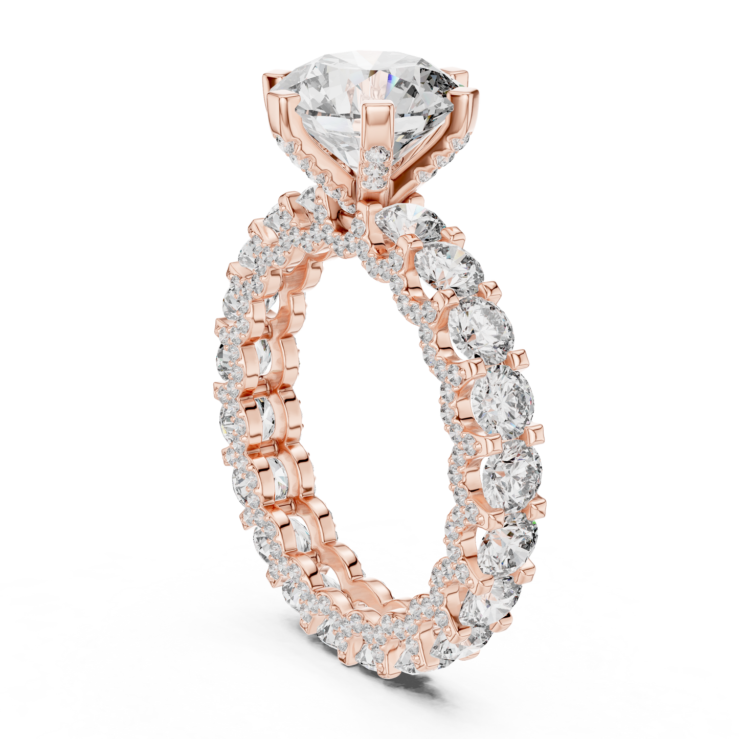 4.98ctw Round Diamond 6-Prong Ring Three-Sided Pavé Band - Solid Gold