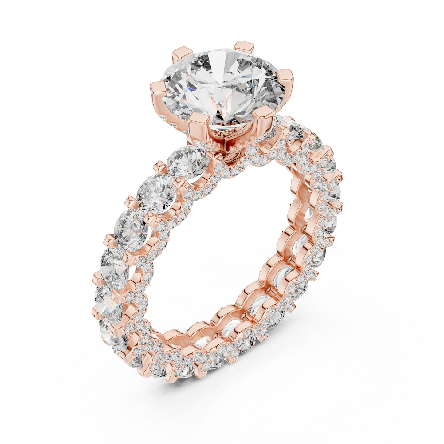 4.98ctw Round Diamond 6-Prong Ring Three-Sided Pavé Band - Solid Gold