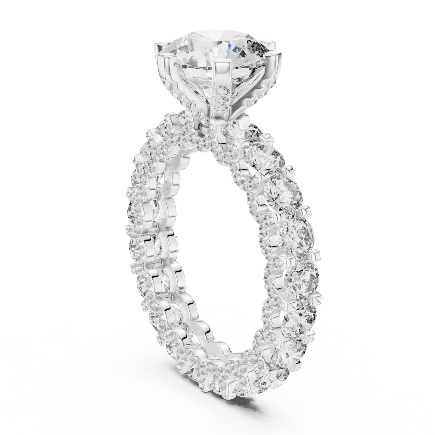 4.98ctw Round Diamond 6-Prong Ring Three-Sided Pavé Band - Solid Gold