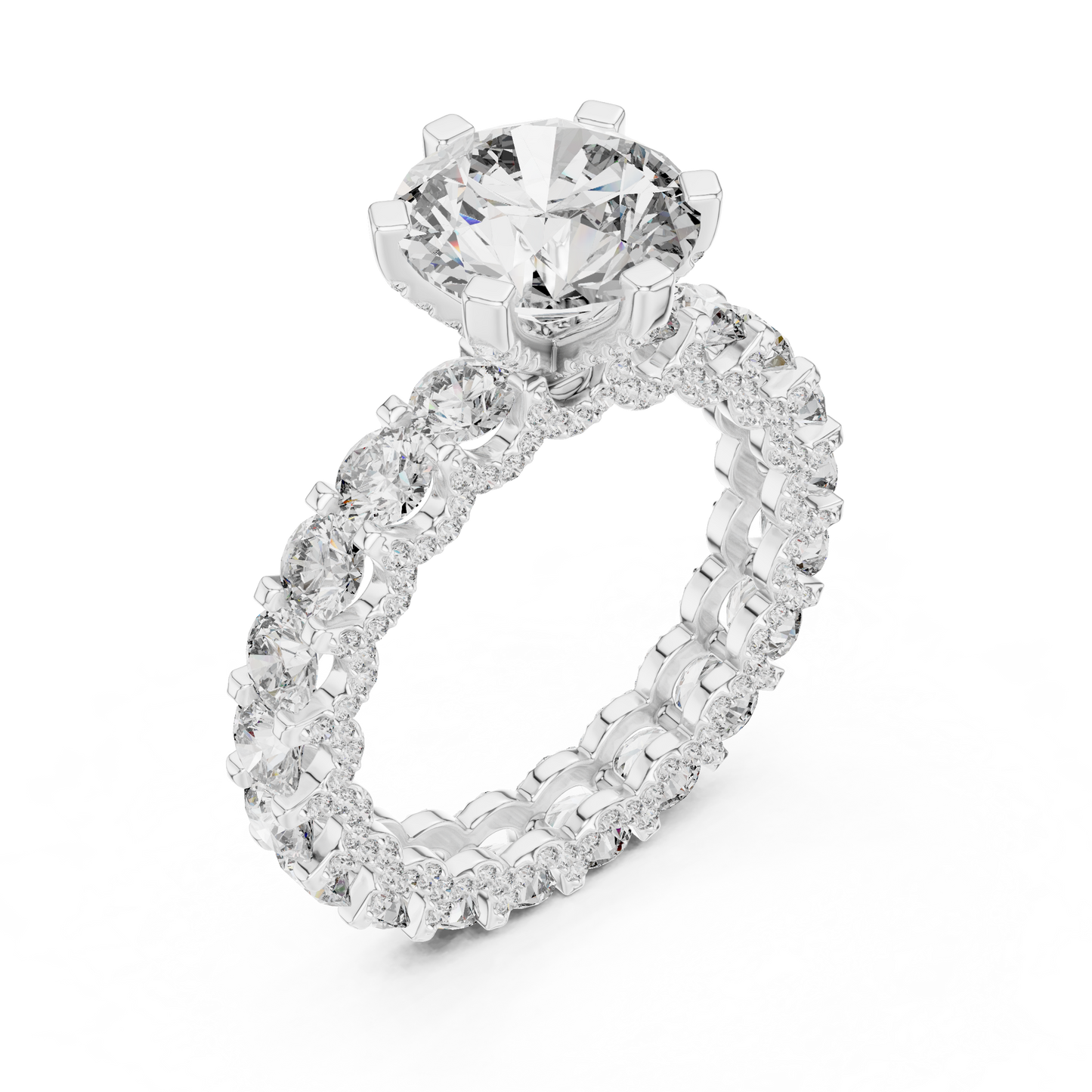 4.98ctw Round Diamond 6-Prong Ring Three-Sided Pavé Band - Solid Gold