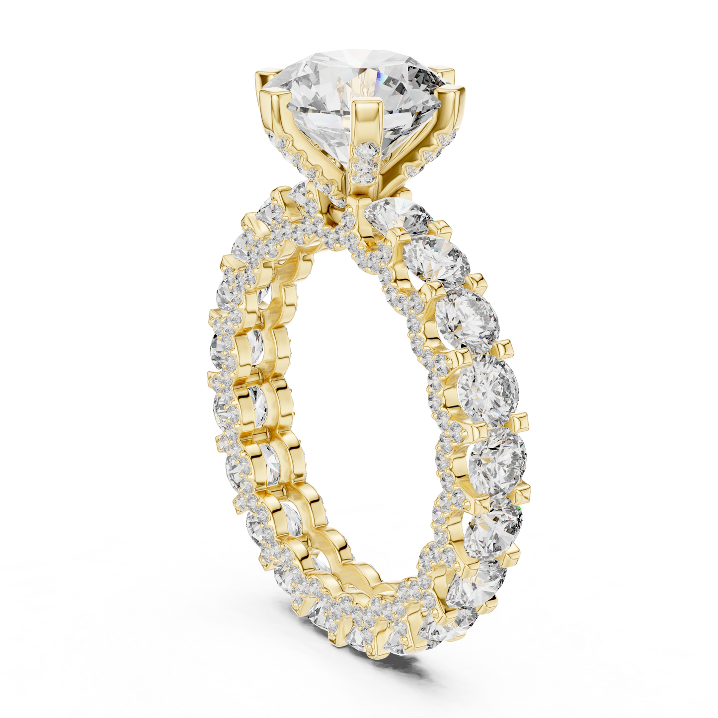 4.98ctw Round Diamond 6-Prong Ring Three-Sided Pavé Band - Solid Gold