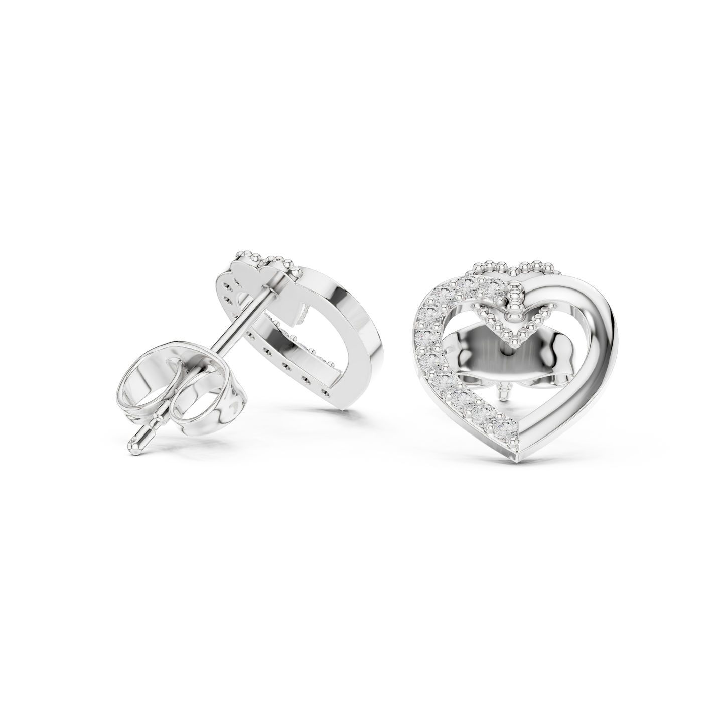 Yellow Gold Half-Pave Diamond Open Heart Stud Earrings - 0.12ctw