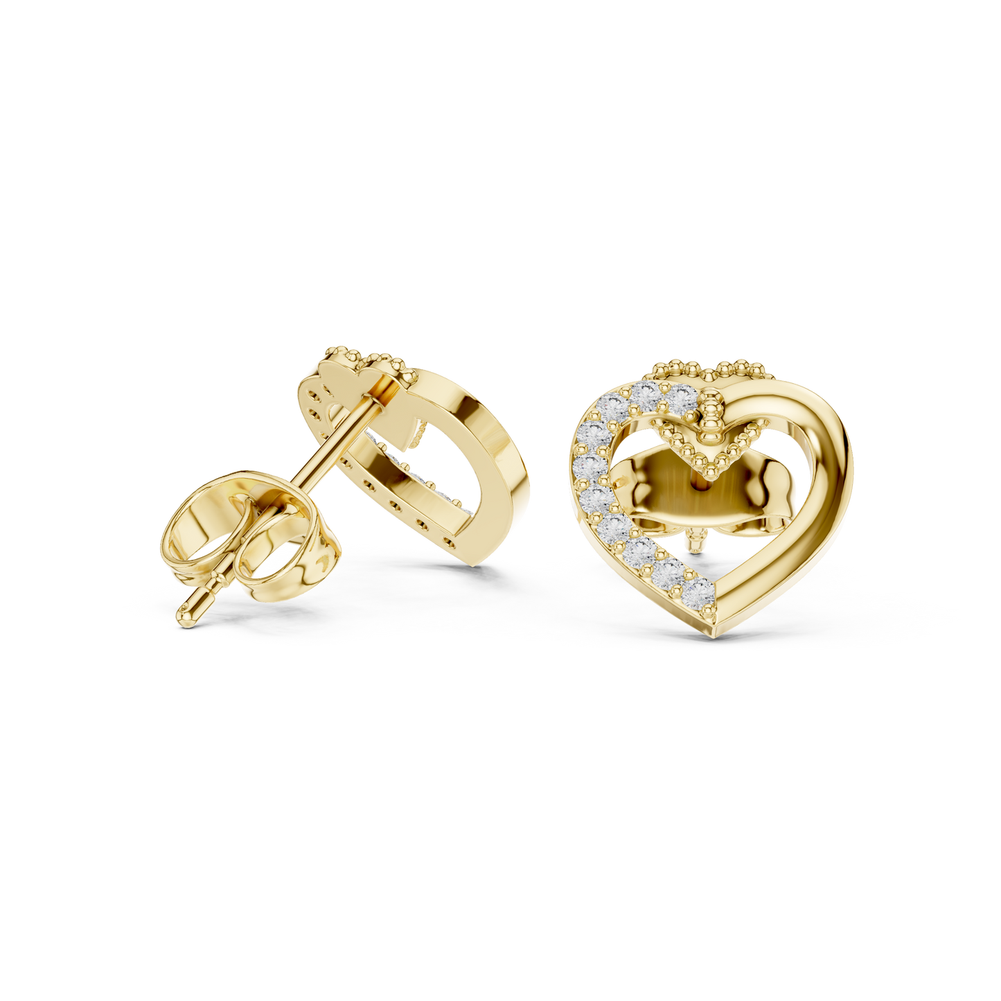 Yellow Gold Half-Pave Diamond Open Heart Stud Earrings - 0.12ctw