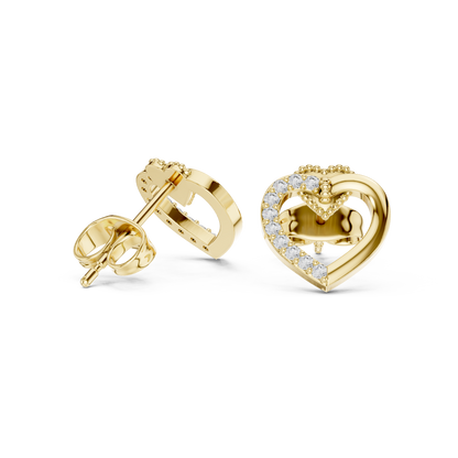 Yellow Gold Half-Pave Diamond Open Heart Stud Earrings - 0.12ctw