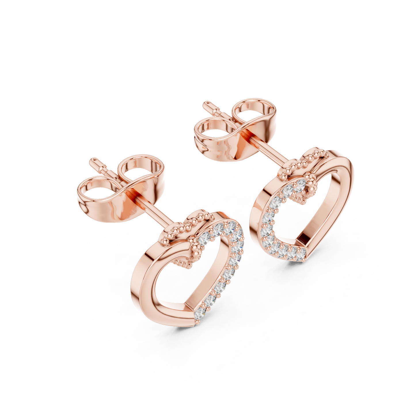 Yellow Gold Half-Pave Diamond Open Heart Stud Earrings - 0.12ctw