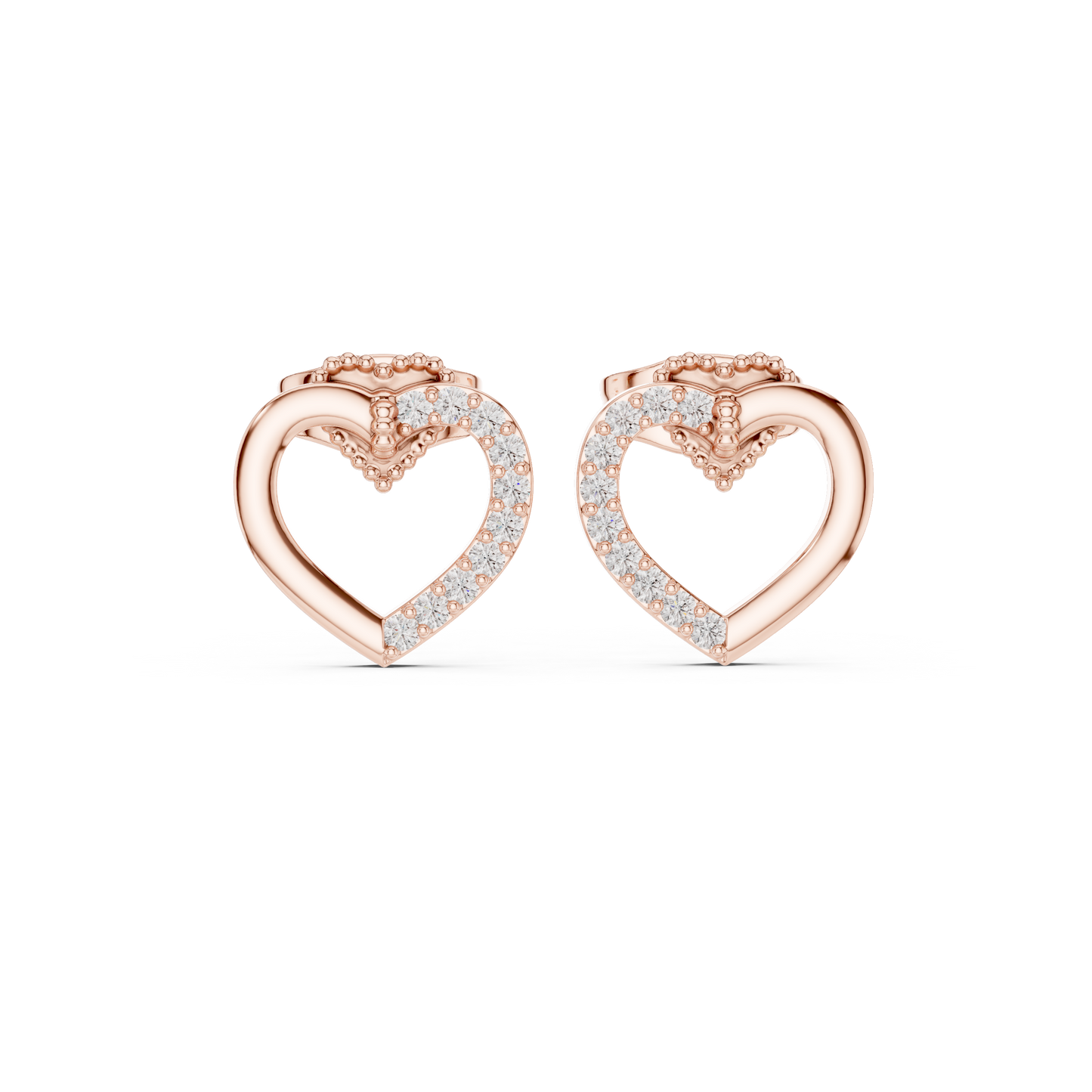 Yellow Gold Half-Pave Diamond Open Heart Stud Earrings - 0.12ctw