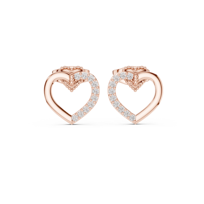 Yellow Gold Half-Pave Diamond Open Heart Stud Earrings - 0.12ctw
