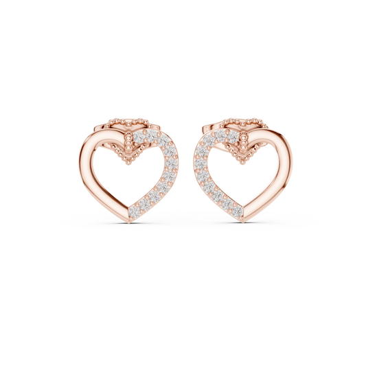 Yellow Gold Half-Pave Diamond Open Heart Stud Earrings - 0.12ctw