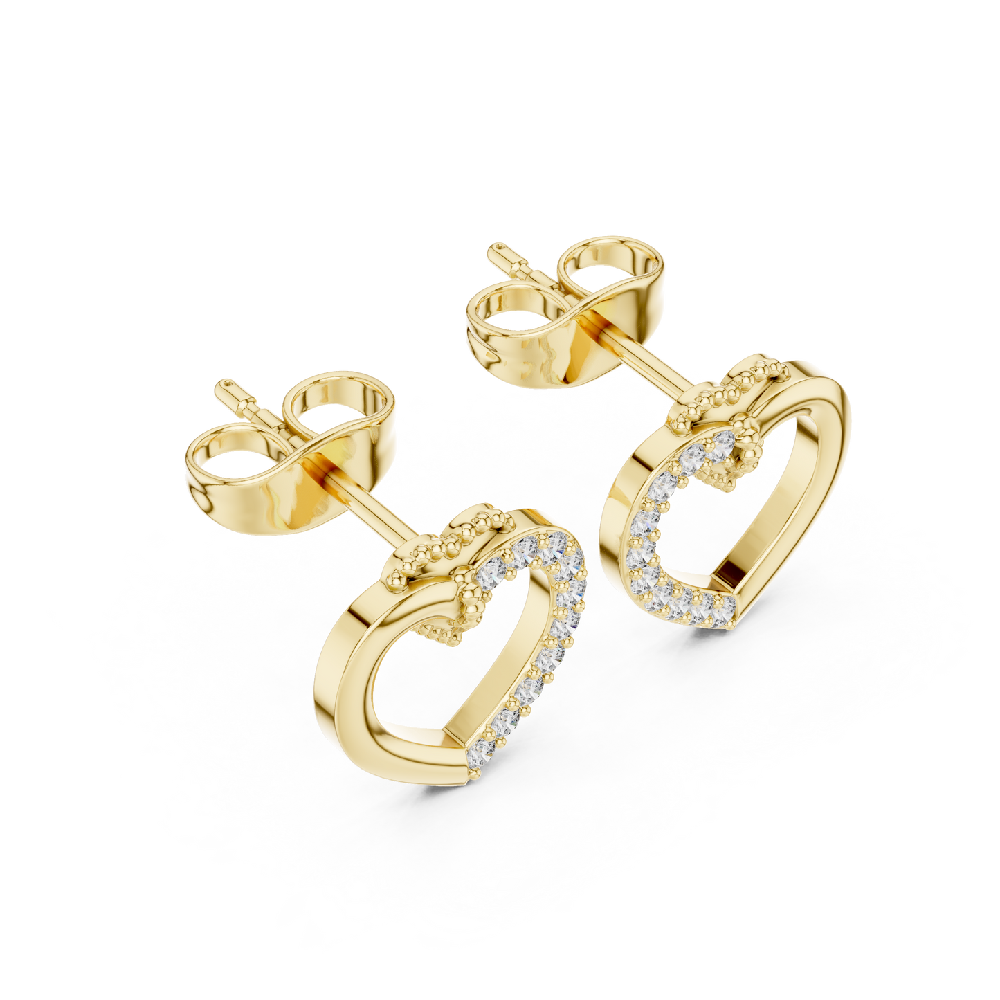 Yellow Gold Half-Pave Diamond Open Heart Stud Earrings - 0.12ctw