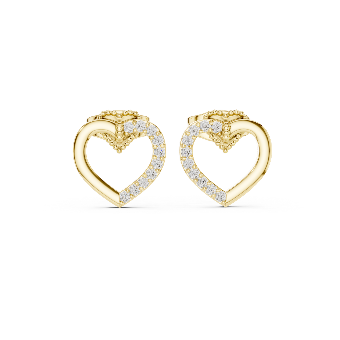 Yellow Gold Half-Pave Diamond Open Heart Stud Earrings - 0.12ctw