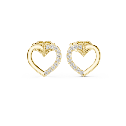 Yellow Gold Half-Pave Diamond Open Heart Stud Earrings - 0.12ctw