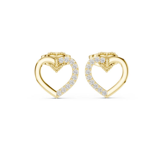 Yellow Gold Half-Pave Diamond Open Heart Stud Earrings - 0.12ctw