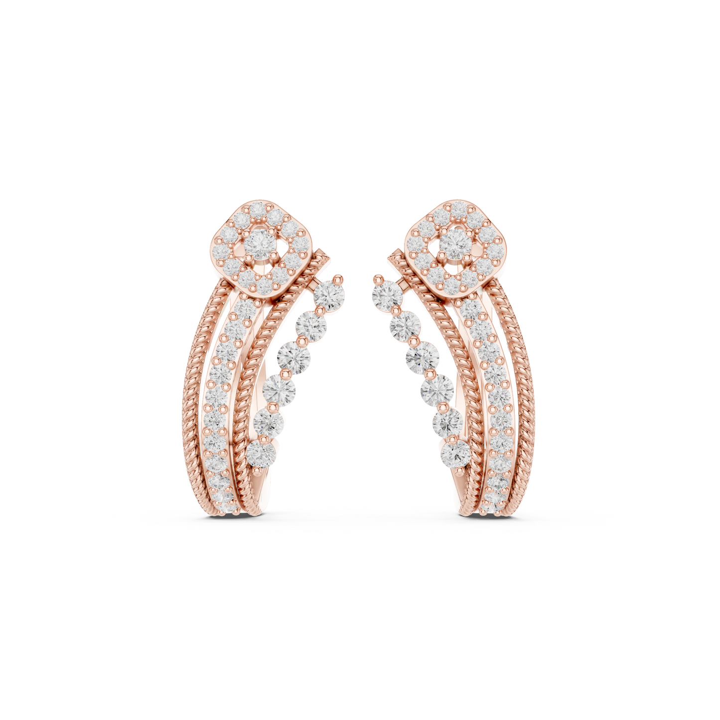 0.46CTW Diamond Halo Square & Multi-Band Rope J-Hoop Earrings in Yellow Gold