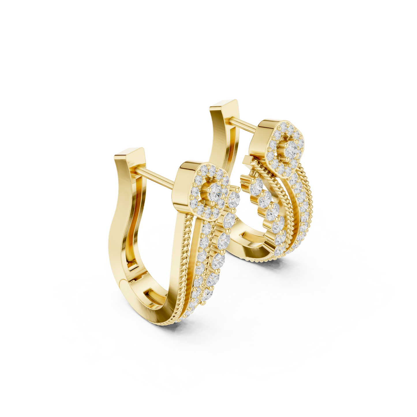 0.46CTW Diamond Halo Square & Multi-Band Rope J-Hoop Earrings in Yellow Gold