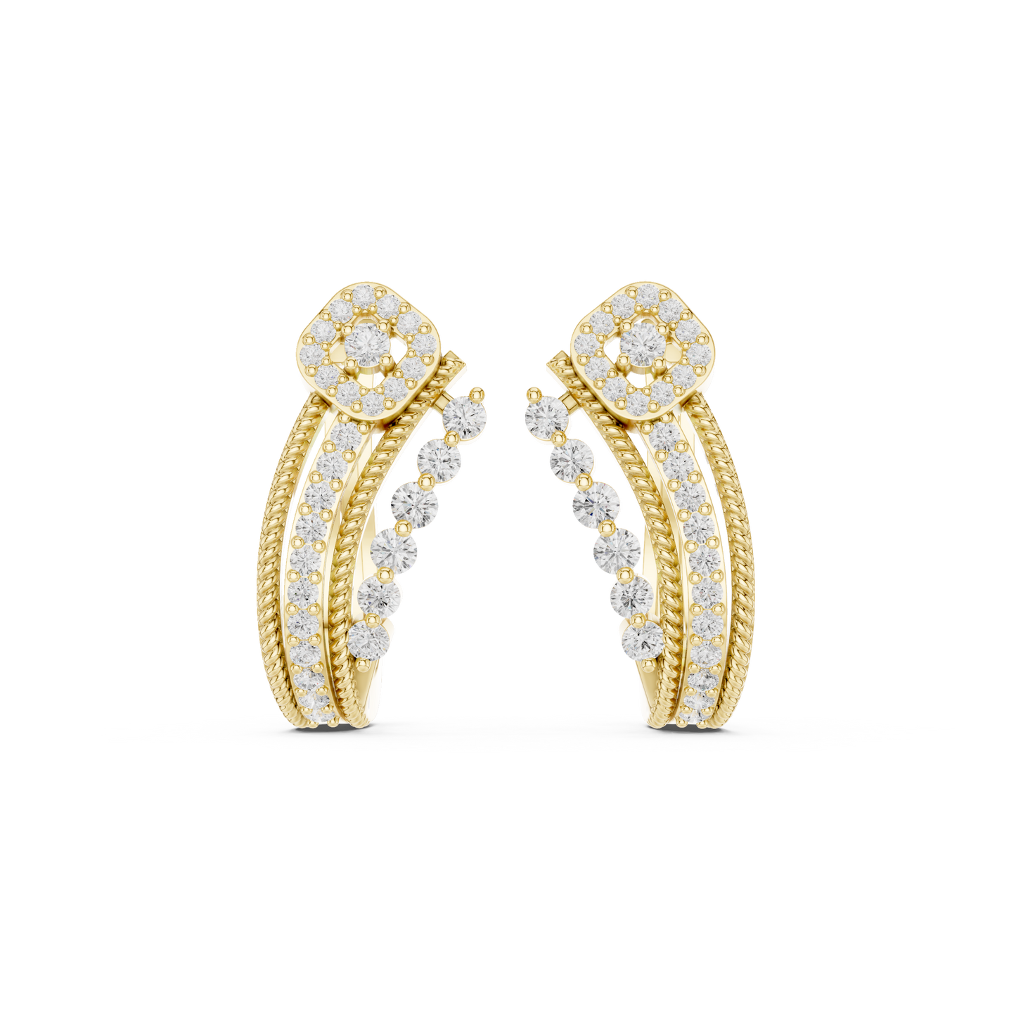 0.46CTW Diamond Halo Square & Multi-Band Rope J-Hoop Earrings in Yellow Gold