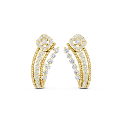 0.46CTW Diamond Halo Square & Multi-Band Rope J-Hoop Earrings in Yellow Gold