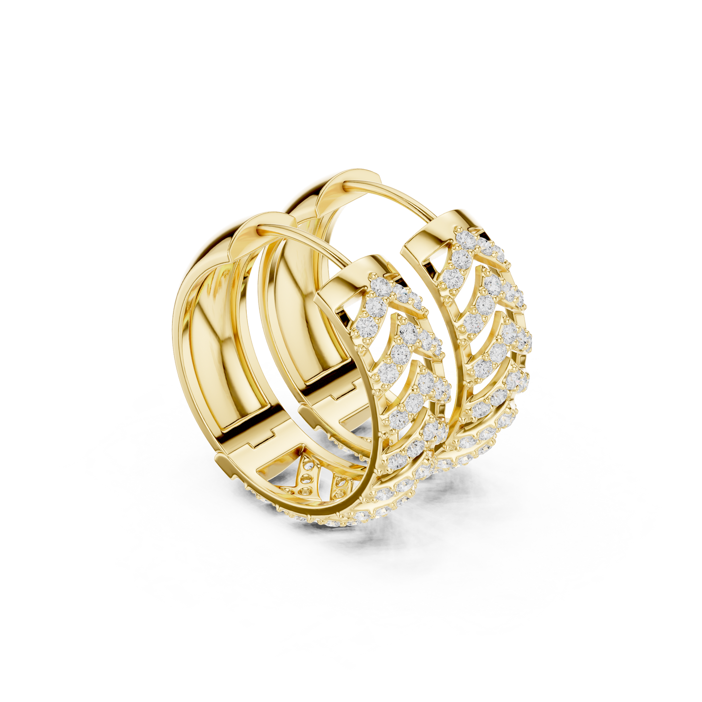 0.47CTW Yellow Gold Pavé Diamond V-Shape Texturized Hoops Earrings