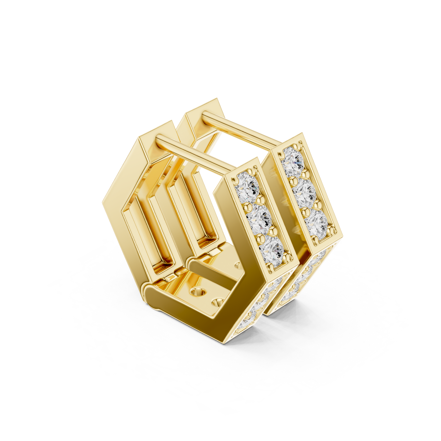 0.32CTW Yellow Gold Angular Hoops | Prong-Set Round Diamond Geometric Huggies