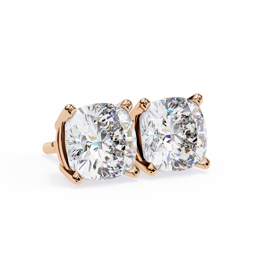 Yellow Gold Cushion Cut Diamond Solitaire Stud Earrings - 2.33 Carat