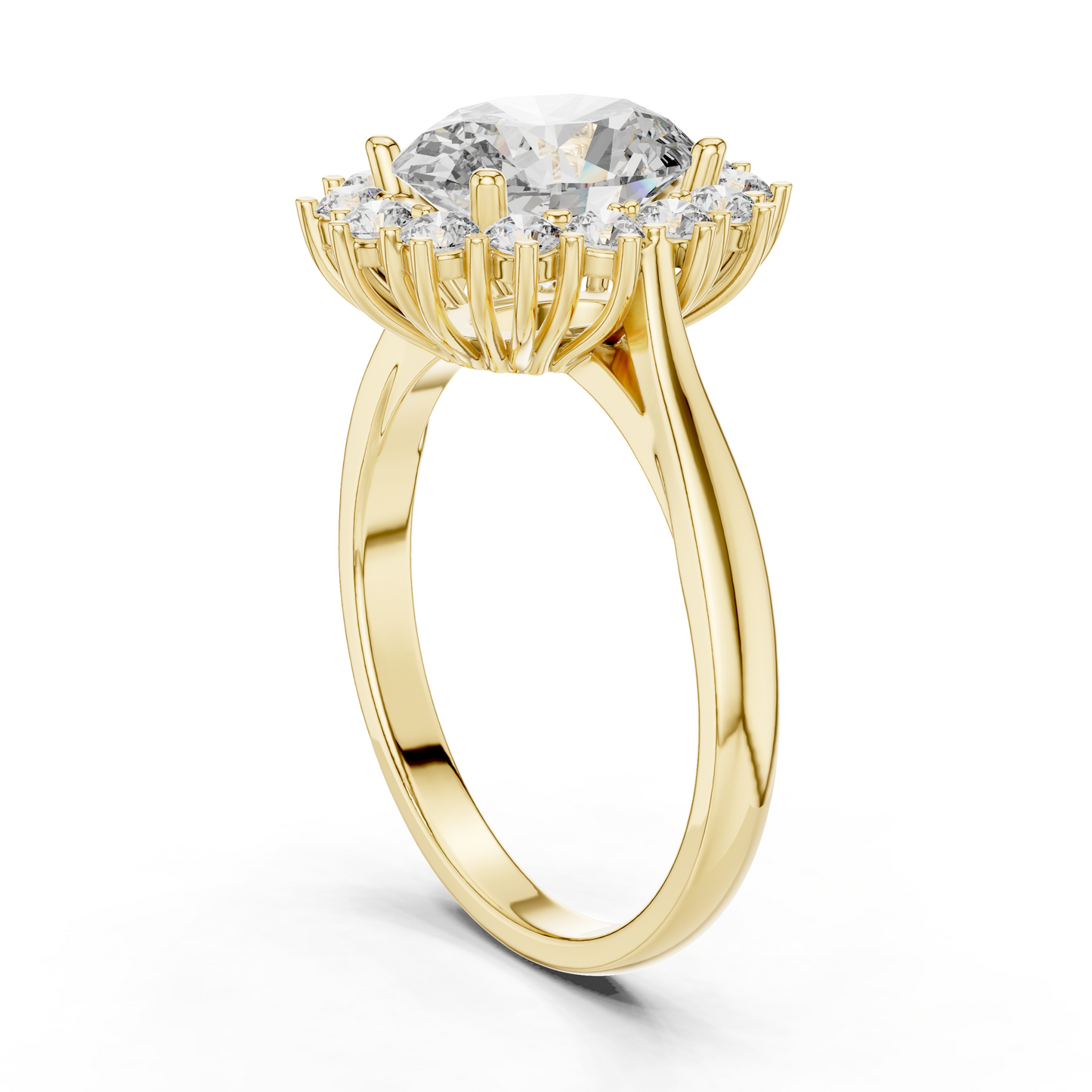 2.56CTW Oval Cut Diamond Sunburst Halo Engagement Ring in Yellow Gold