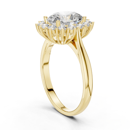 2.56CTW Oval Cut Diamond Sunburst Halo Engagement Ring in Yellow Gold