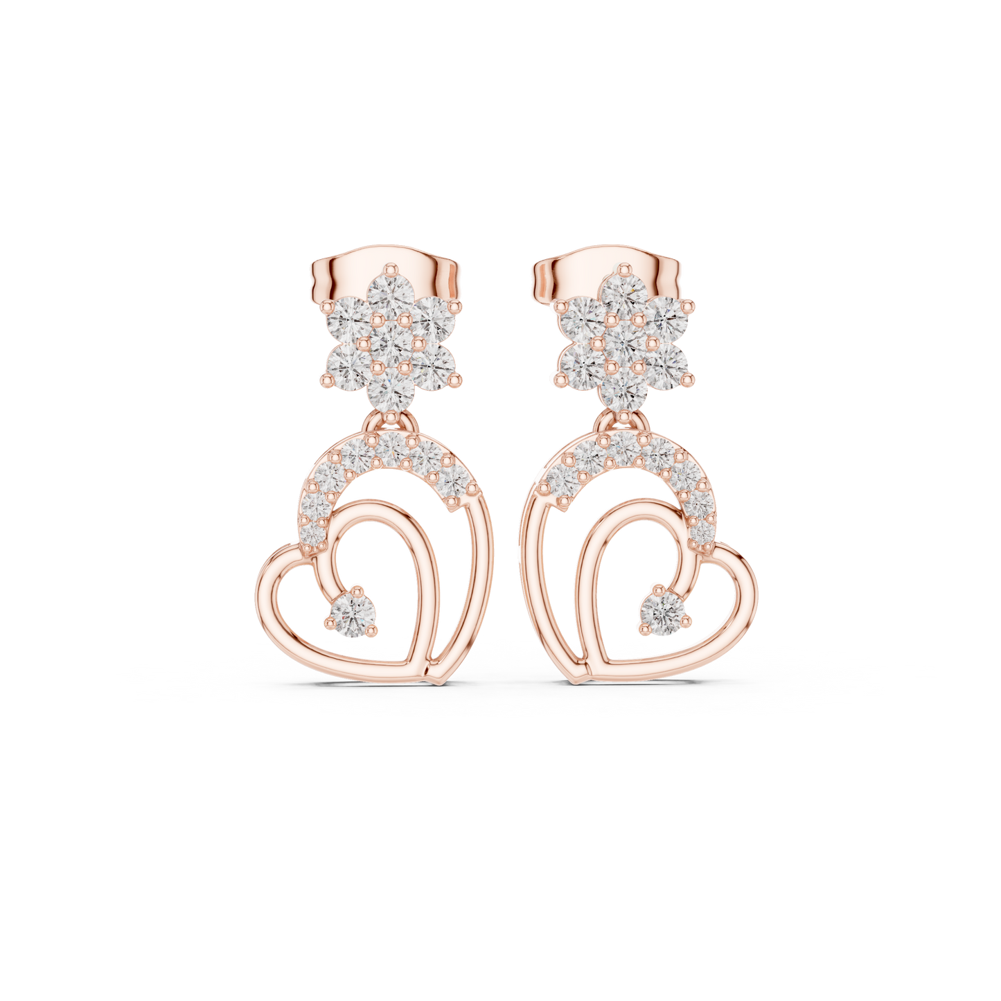 0.61CTW Diamond Flower & Open Heart Drop Earrings in Yellow Gold
