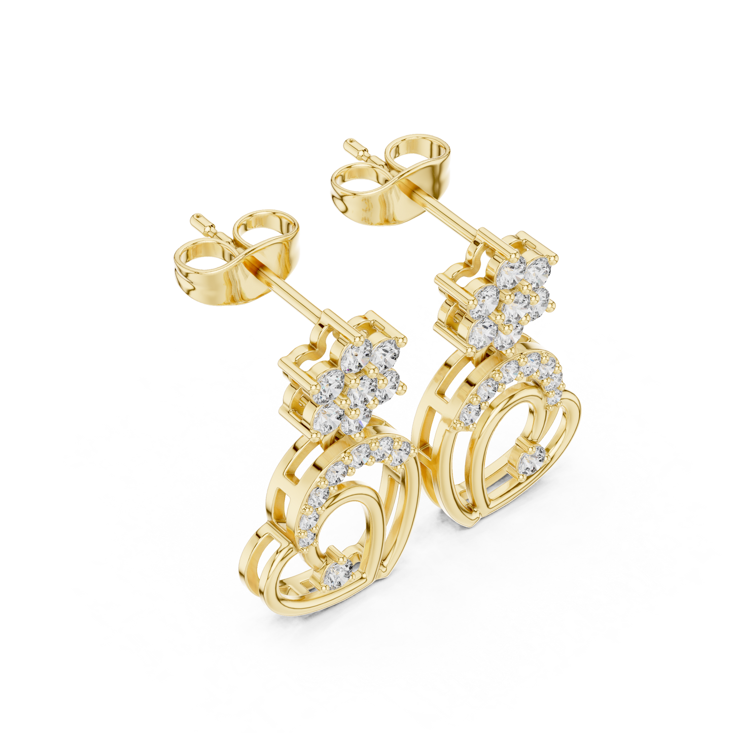 0.61CTW Diamond Flower & Open Heart Drop Earrings in Yellow Gold