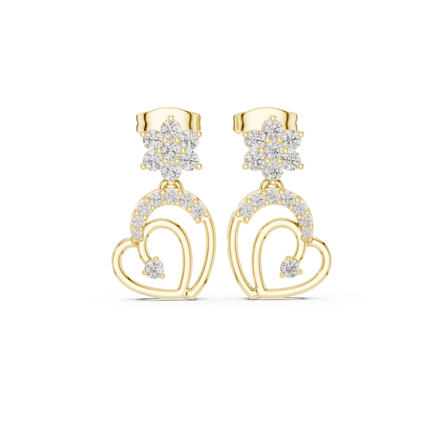 0.61CTW Diamond Flower & Open Heart Drop Earrings in Yellow Gold